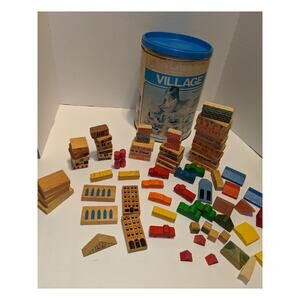Vintage 1974 Playskool Village Wooden Blocks  87 Pieces No Mat